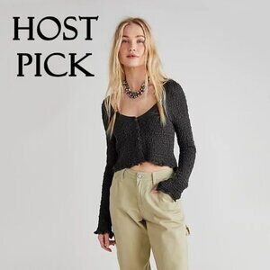 NWT Free People warm grey smocked knit lettuce trim cropped cardigan, M